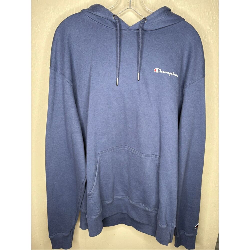 Champion Men's Pullover Hoodie Blue Fleece Embroidered Logo Kangaroo Pocket Larg